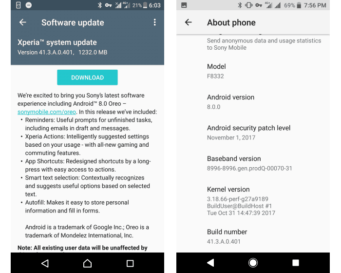 imagen Android 8.0 Oreo en Sony Xperia XZ